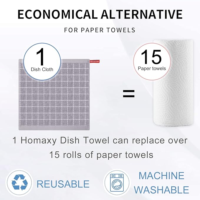 Homaxy 100% Cotton Terry Kitchen Dish Cloths, Ultra Soft and Absorbent Dish Towels for Kitchen, Suitable for Drying and Washing Dishes, 6 Pack, 12 x 12 Inches, Light Grey