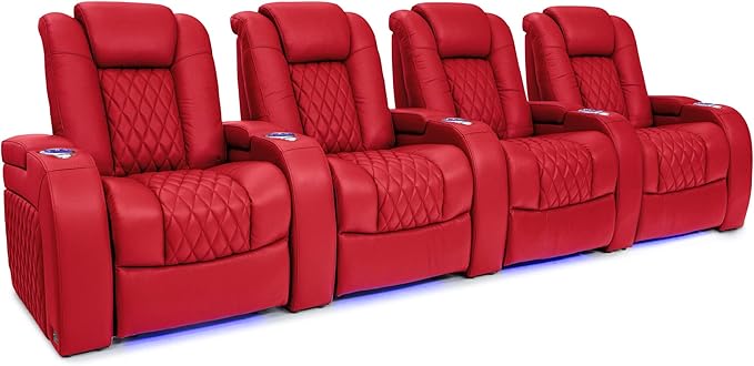Seatcraft Diamante - Home Theater Seating - Living Room - Power Recline - Italian Leather - Powered Headrests - Cupholders - USB Charging - Ambient Lighting - Arm Storage, Red, Row of 4