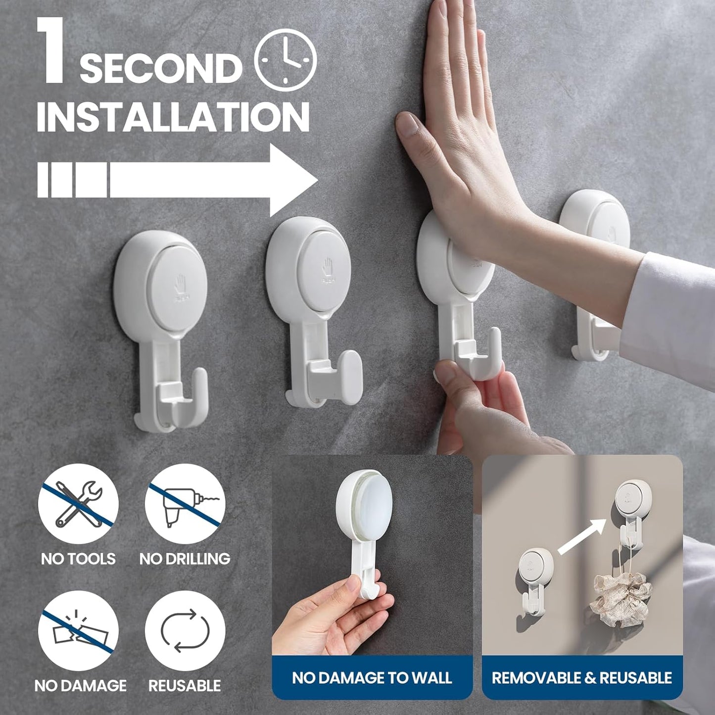 TAILI Suction Towel Hook for Bathroom, Damage-Free Hanging Hooks for Inside Shower Wall, Powerful Vacuum Suction Cup Shower Holder for Towel, Loofah, Cloth, Easy to Install and Remove, White, 4 Pack