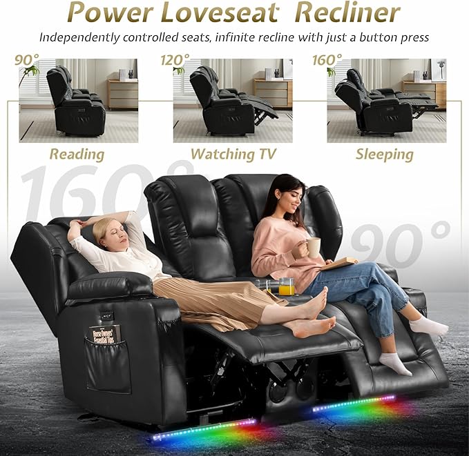 SAMERY Power Loveseat Recliner Sofa with Adjustable Split Back, USB Charging, Bluetooth Speakers & LED Lighting – Home Theater Seating with Storage, Cup Holders, Black Faux Leather Loveseat Recliner