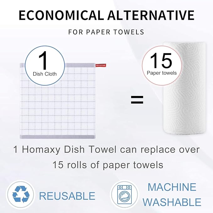 Homaxy 100% Cotton Terry Kitchen Dish Cloths, Ultra Soft and Absorbent Dish Towels for Kitchen, Suitable for Drying and Washing Dishes, 8 Pack, 12 x 12 Inches, White