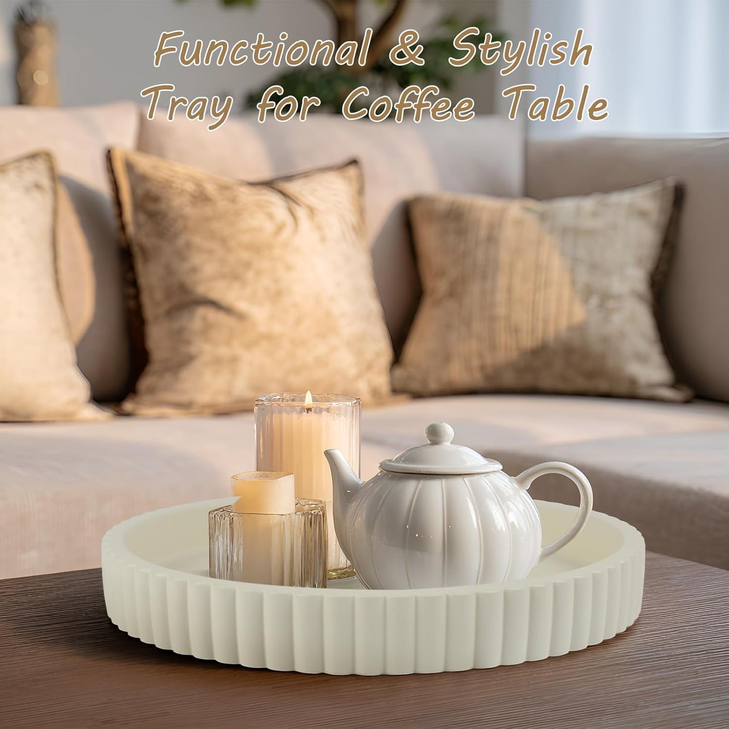 Round Decorative Tray for Coffee Table Decor-Modern Home Decor Tray-Concrete Coffee Table Serving Tray-Centerpiece Table Tray-Ottoman,Vanity, Bathroom, Kitchen,Dresser (White)