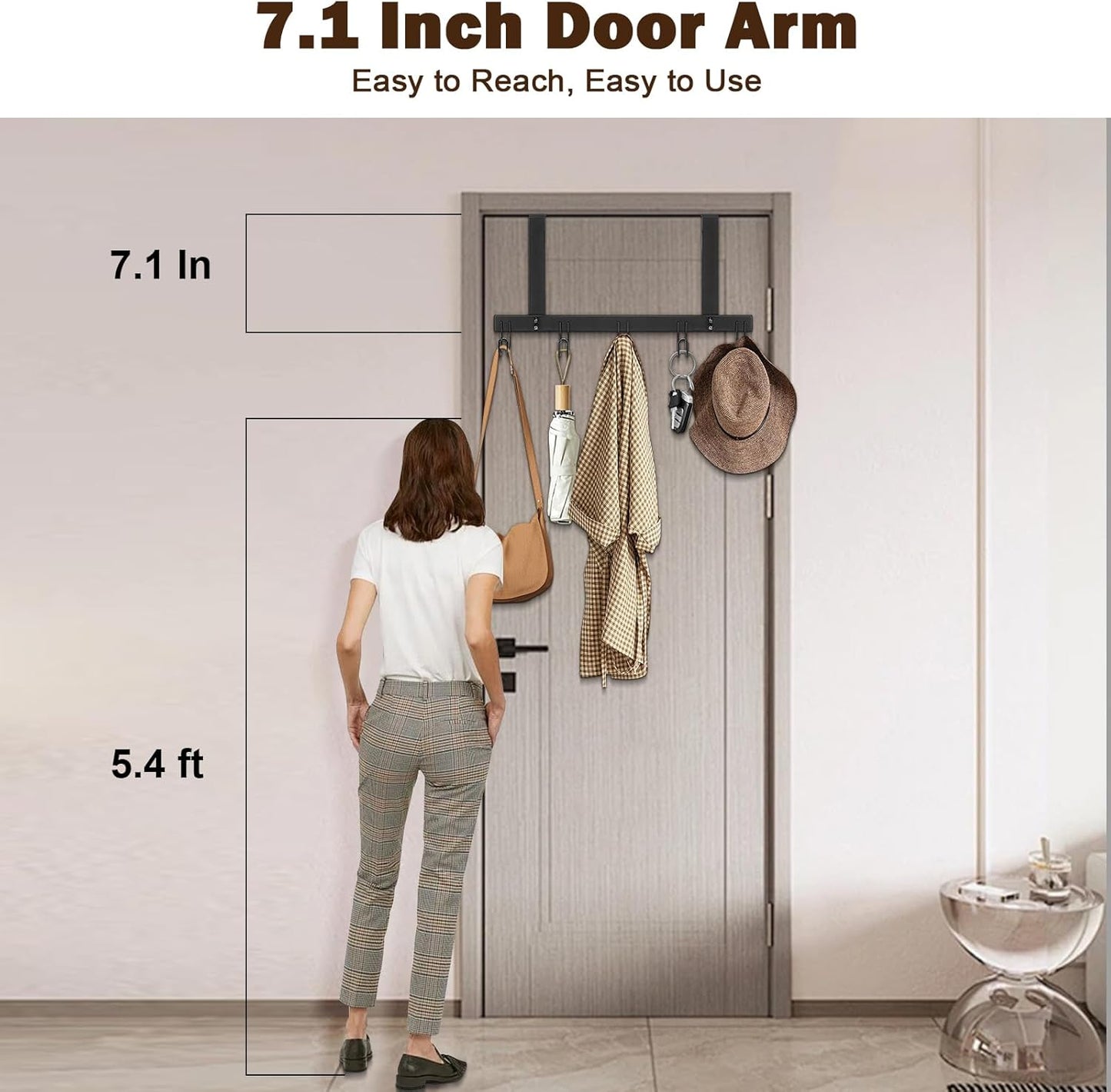 Over The Door Hooks, No Drill Door Towels Hanger, Metal Hanging Towel Holder with 5 Coat Hooks for Bathroom, Bedroom, Kitchen (Matte Black)