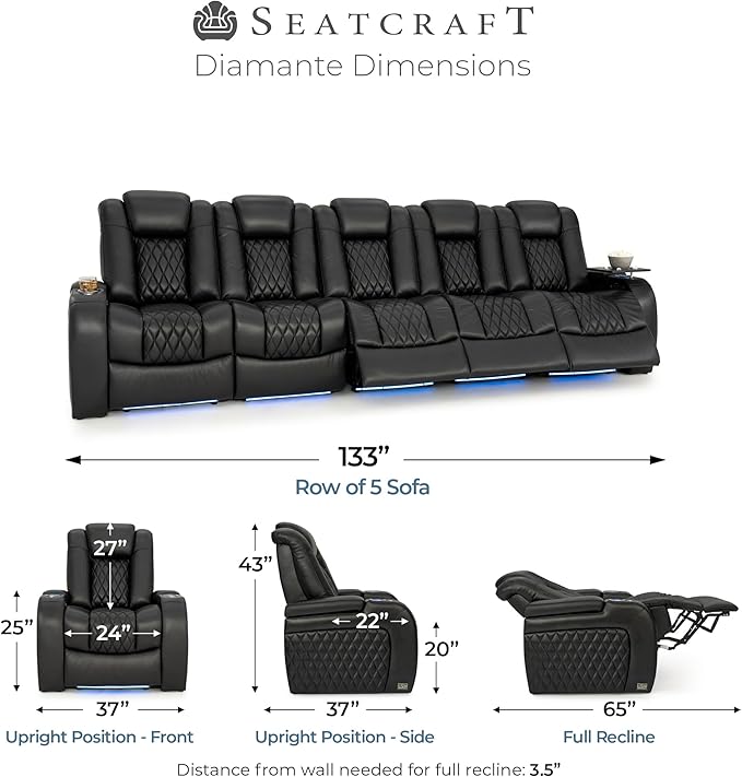 Seatcraft Diamante Zero-Gravity CoolZero Italian Leather Home Theater Seating, Power Headrest, Power Recline, Row of 5 Sofa, Black