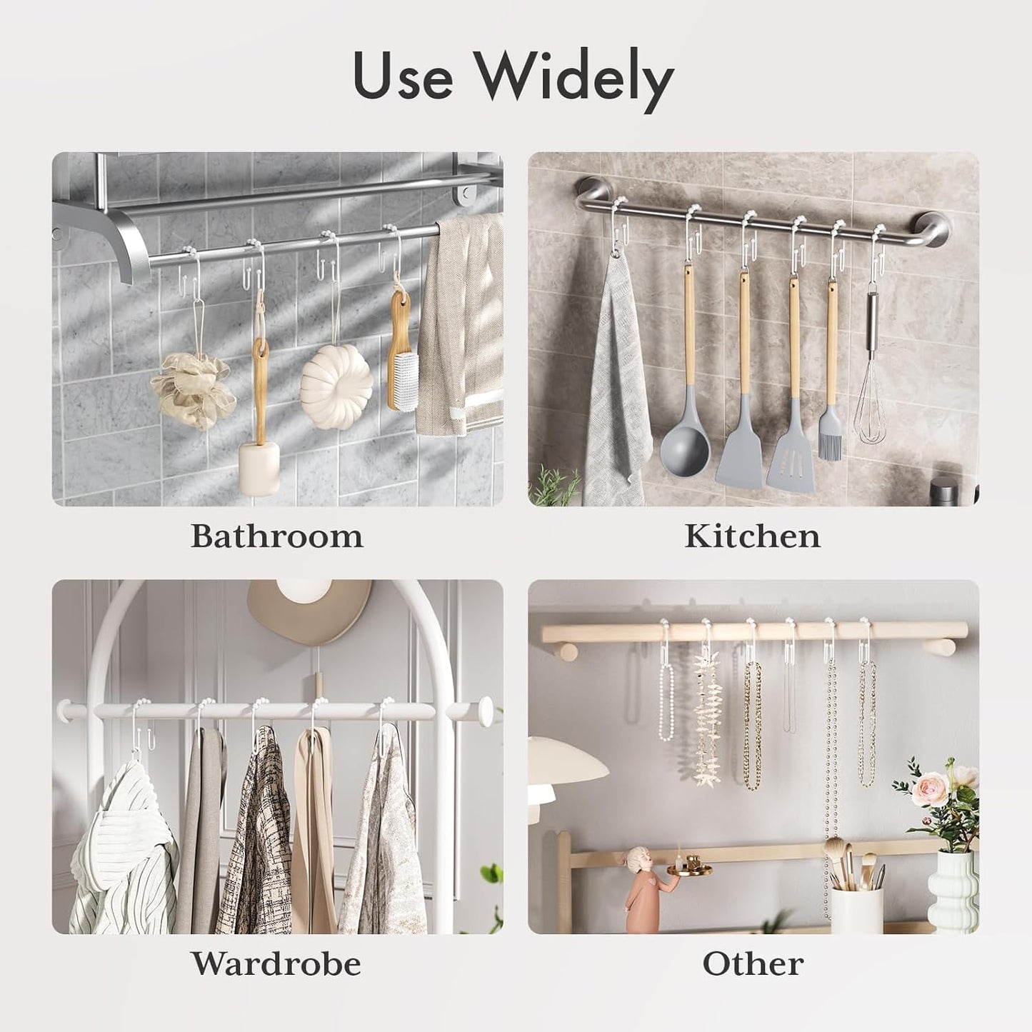 AmazerBath Shower Curtain Hooks White Metal Shower Curtain Rings Rust Proof, Double Sided Shower Curtain Hooks for Shower Curtain Liner Smooth Shower Hook Rings for Bathroom, Set of 12