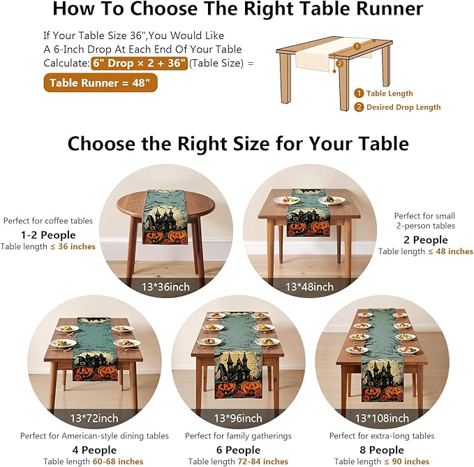 Halloween Table Runner with Haunted Castles, Bats & Pumpkins, Table Decoration for Dining Party and Home Decor,48x13 inches