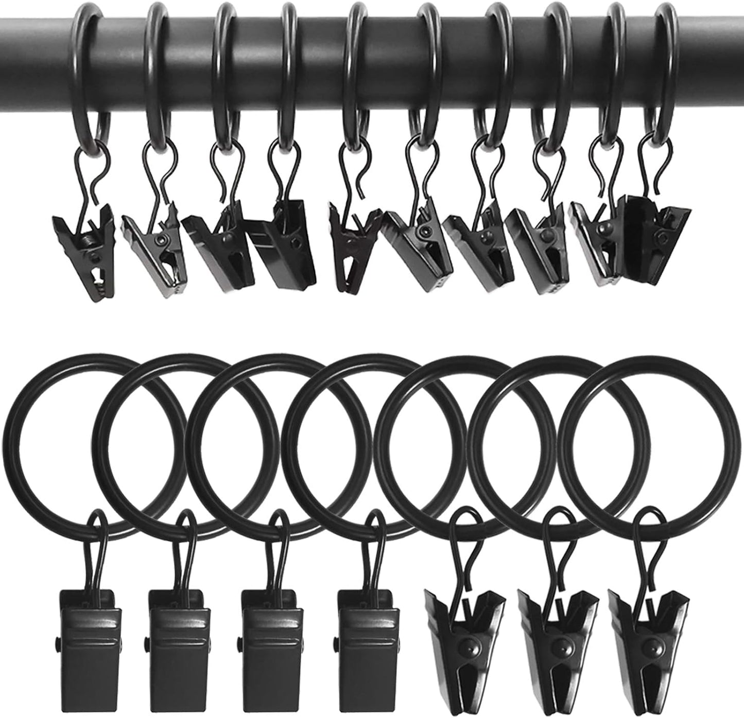 100 Pack Metal Curtain Rings with Clips, Drapery Clips with Rings, Drapes Rings 1 inch Inner Diameter, Fits Diameter 5/8 inch Curtain Rods, Black