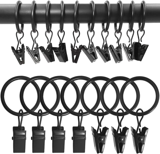 100 Pack Metal Curtain Rings with Clips, Drapery Clips with Rings, Drapes Rings 1 inch Inner Diameter, Fits Diameter 5/8 inch Curtain Rods, Black