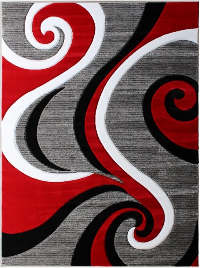 Masada Rugs, Sophia Collection Hand Carved Area Rug Modern Contemporary Red White Grey Black (5 Feet 3 Inch X 7 Feet)