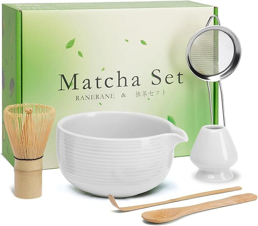 Matcha Whisk Set, Ceramic Matcha Set Includes Matcha Bowl, Matcha Whisk (Chasen) and Holder, Sifter, Bamboo Scoop & Spoon - 6 Pcs Matcha Kit for Matcha Lovers White