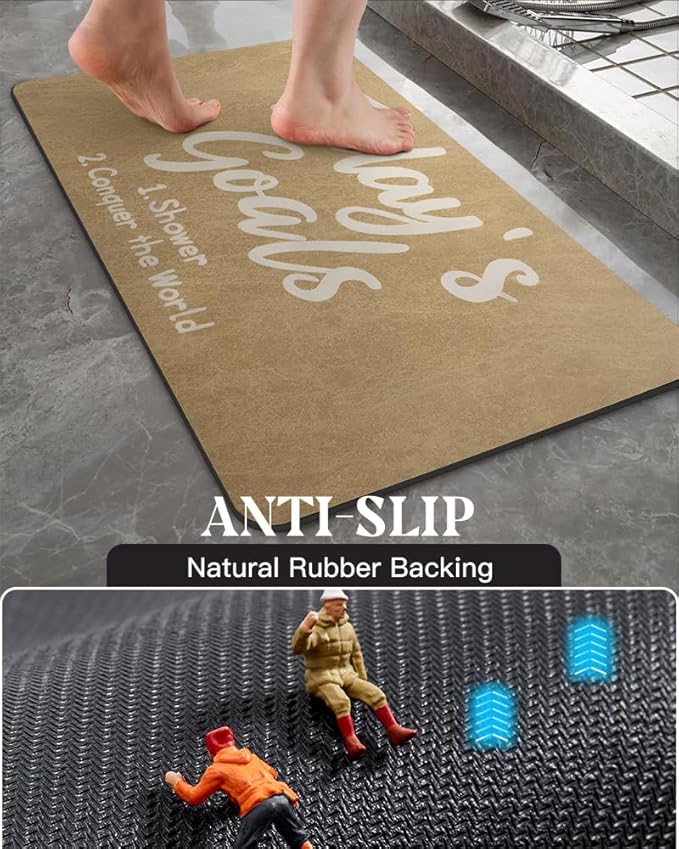 MontVoo -Bath Mat Rug- Non Slip Quick Dry Absorbent Thin Bathroom Rugs Fit Under Door-Faux Suede Surface Bathroom Floor Mats-Shower Rug for in Front of Bathtub Shower 17 X27.5 Camel Text Pattern