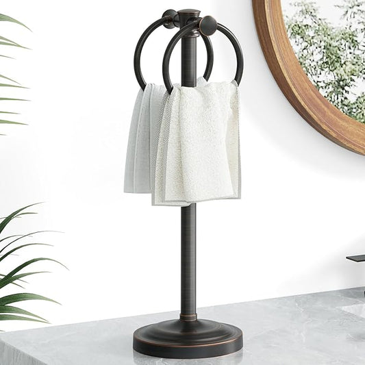 Hoimpro 17 Inch Oil Rubbed Bronze Stainless Steel Free Standing Towel Rack Bar, Double Stand Towel Ring Hand Towel Holder Hanger, Towel Hardware for Bathroom Vanity Kitchen Countertops