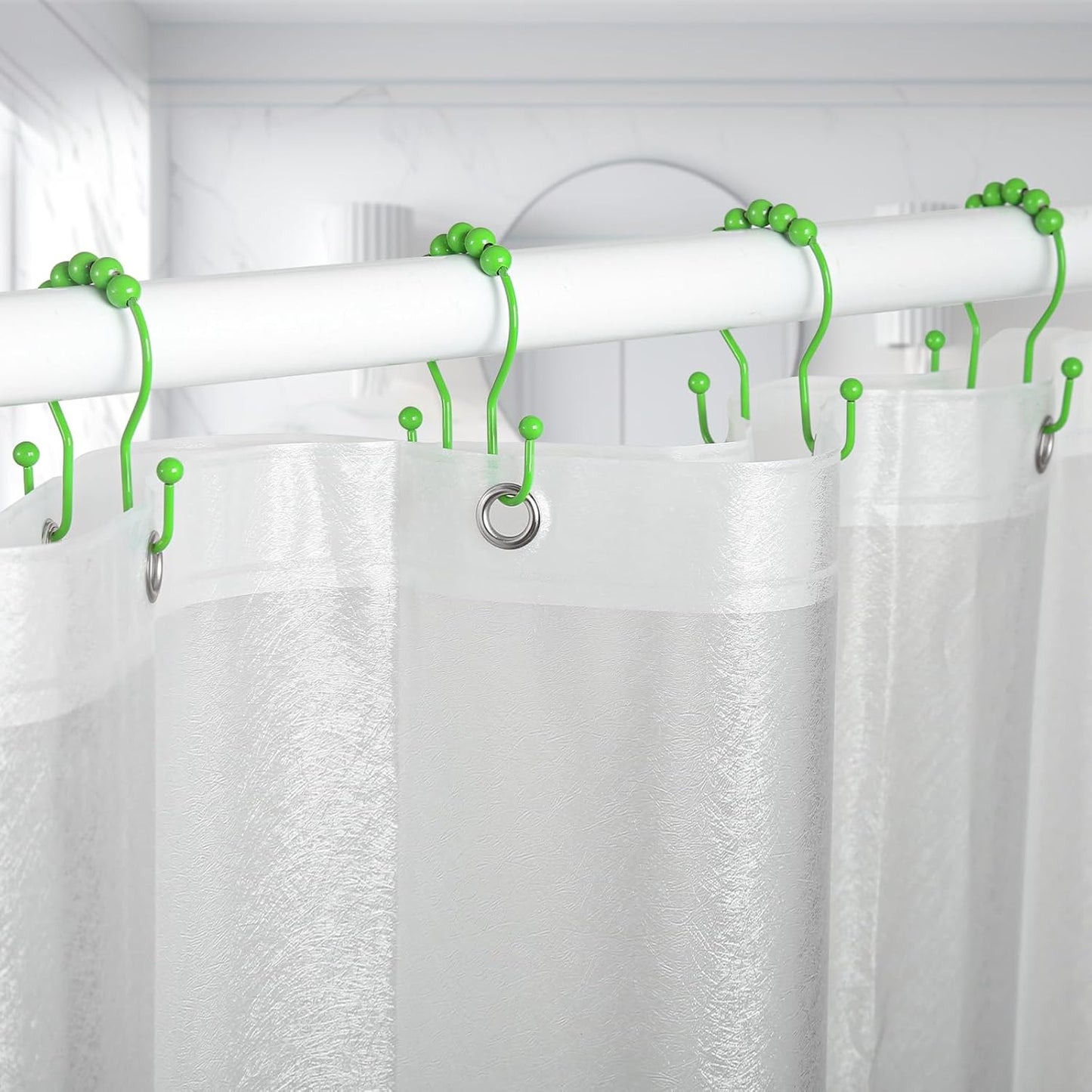 Goowin Shower Curtain Hooks, 12 Pcs Shower Curtain Rings, Stainless Steel Shower Curtain Hooks Rings Rust Proof, Smooth Sliding Anti-Drop Double Shower Hooks for Shower Curtain, Rods (Green)