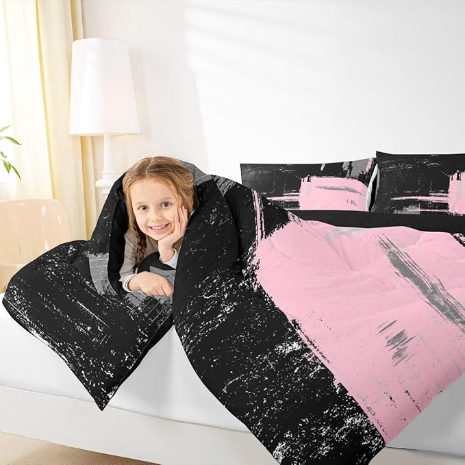 Pink Black Abstract Duvet Quilt King Size Geometric Bedding Set for Kids Boys Girls Decor Modern Art Comforter Set Breathable Soft Lightweight Microfiber Buffalo Check Bedroom Decor Bedclothes