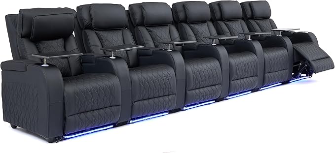 Home Theater Seating Top Grain Leather, Movie Theater Chairs Theater Recliner Sofa with Dual Power Ergonomic Design 7 Colors Ambient Lighting Tray Table Type-C USB Charge (Black, Row of 6)