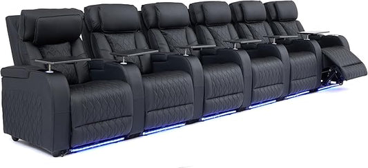 Home Theater Seating Top Grain Leather, Movie Theater Chairs Theater Recliner Sofa with Dual Power Ergonomic Design 7 Colors Ambient Lighting Tray Table Type-C USB Charge (Black, Row of 6)