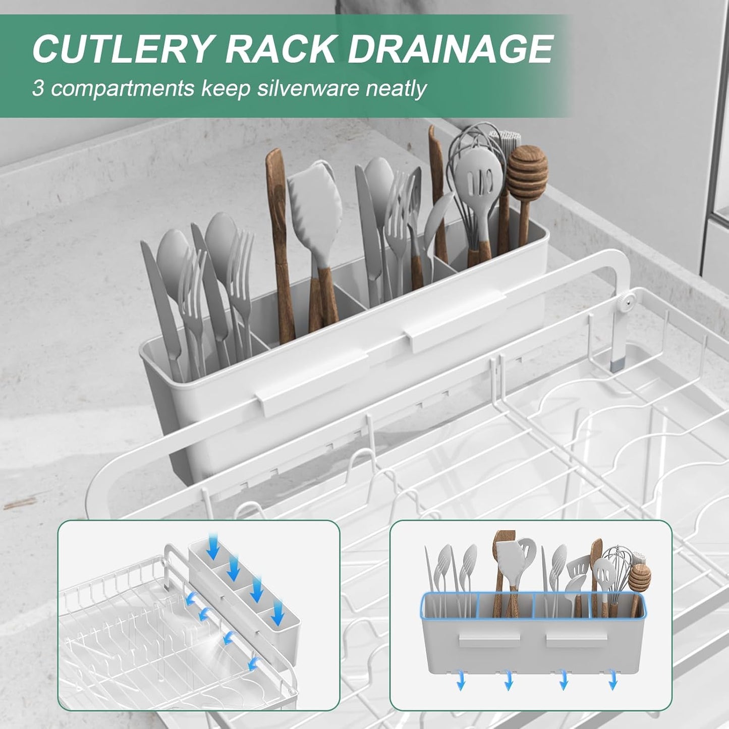 Dish Drying Rack,Dish Racks for Kitchen Counter, Metal Dish Drainer with Adjustable Drainage Spout, Removable Knife and Fork Holder (White)