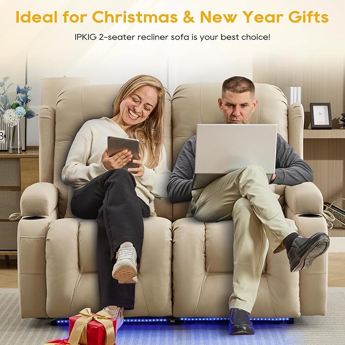 IPKIG 54" Power Reclining Loveseat Sofa, Electric Home Theater Seating with 4 Colors Ambient Lighting/USB Ports/Cup Holders for Living Room, Bedroom, Home, Rvs (Beige, 2 Seater)