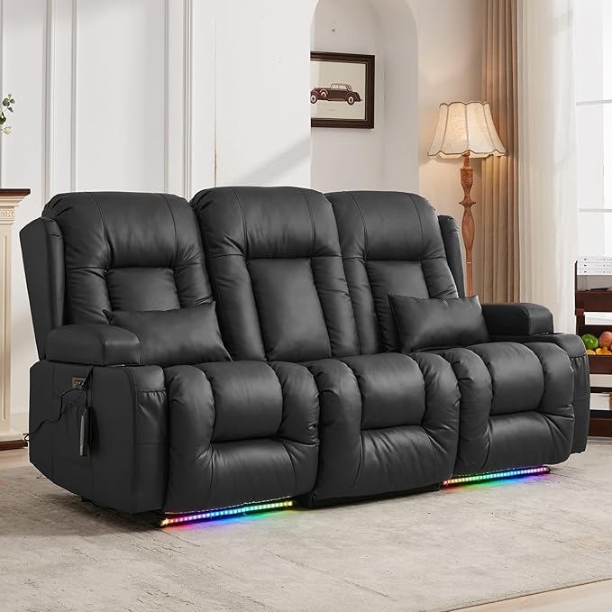 IPKIG 76.8" Power Reclining Sofa, Electric Home Theater Seating with Flipped Middle Backrest/LED Lighting/USB Ports/Built-in Outlets, Dual Recliner Sofa 3 Seater for Living Room RV (Black)
