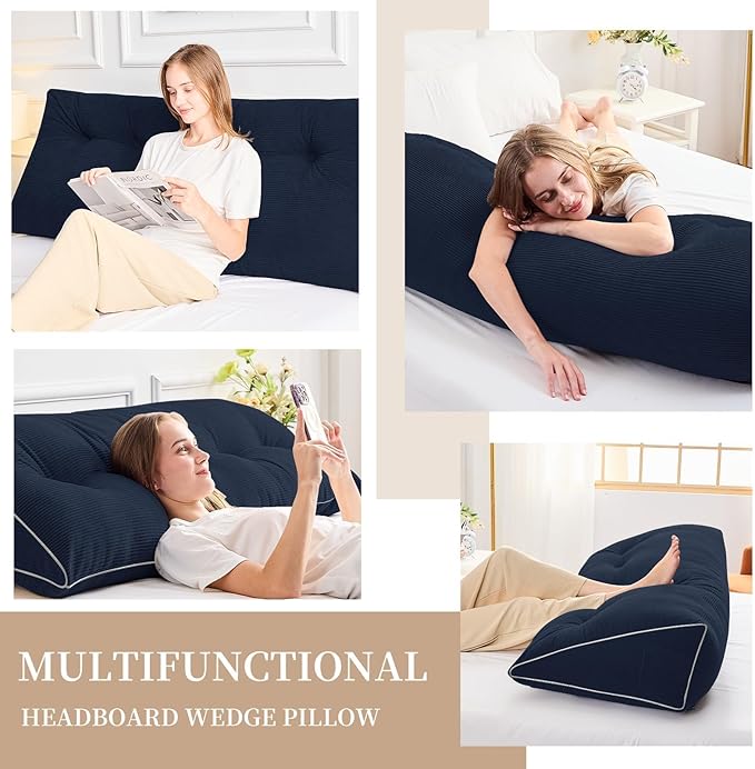 Sasttie Headboard Pillow Full, Wedge Pillow Headboard for Sitting Up in Bed, Back-Rest Support Triangular Cushion for Reading - Features Removable Washable Cover, Navy