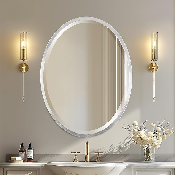 OVALCREST - Oval Wooden Beveled Wall Mirror for Home Decor, Bathroom, Vanity, Bedroom, Living Room, Hallway - London Style (Silver Leaf with Brown Antique) 23.1 x 29.1