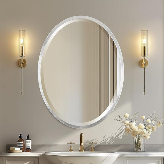 OVALCREST - Oval Wooden Beveled Wall Mirror for Home Decor, Bathroom, Vanity, Bedroom, Living Room, Hallway - London Style (Silver Leaf with Brown Antique) 23.1 x 29.1