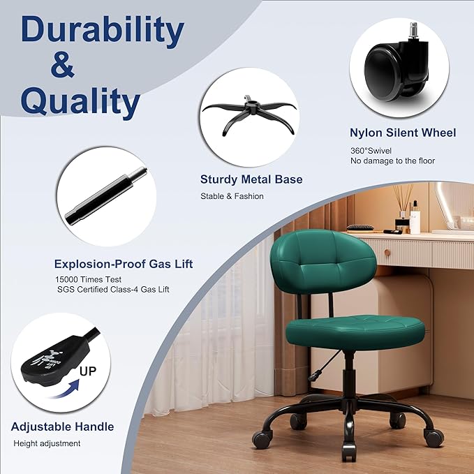 Misolant Vanity Chair with back, Small Armless Cute office Chair with wheels and Lumbar support, Comfy PU Leather Desk Computer Chairs with Adjustable Height, 360°Swivel for Home Bedroom Office, Green