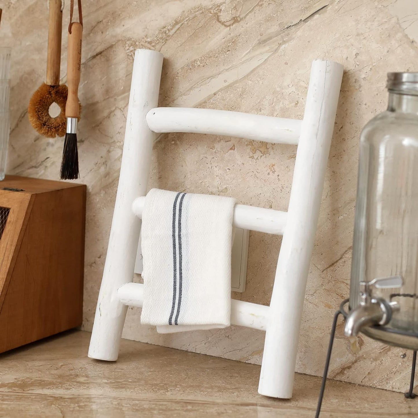 FUIN Fully Assembled Wooden Tea Towel Ladder, Mini Ladder Towel Rack Display Hanger, Small Rustic Farmhouse Tea Towel Stand Holder for Country Bathroom Decor, White