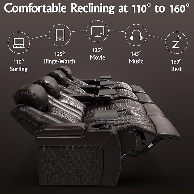 Home Theater Seating, Living Room, Heat & Massage, Powered Headrest, Powered Lumbar, Italian Leather, Powered Recline, Single Recliner (Black, Row of 4 Loveseat Left)