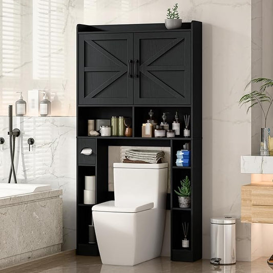 Over The Toilet Storage Cabinet, Farmhouse Toilet Cabinet Rack with Barn Doors, Space Saving Bathroom Organizer with Shelves, Toilet Paper Holder and Towel Rack for Bathroom,Laundry Pure Black