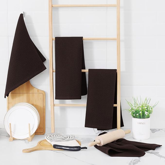 Homaxy 100% Cotton Waffle Weave Kitchen Dish Towels, Ultra Soft Absorbent Quick Drying Cleaning Towel, 13 x 28 Inches, 12-Pack, Dark Brown