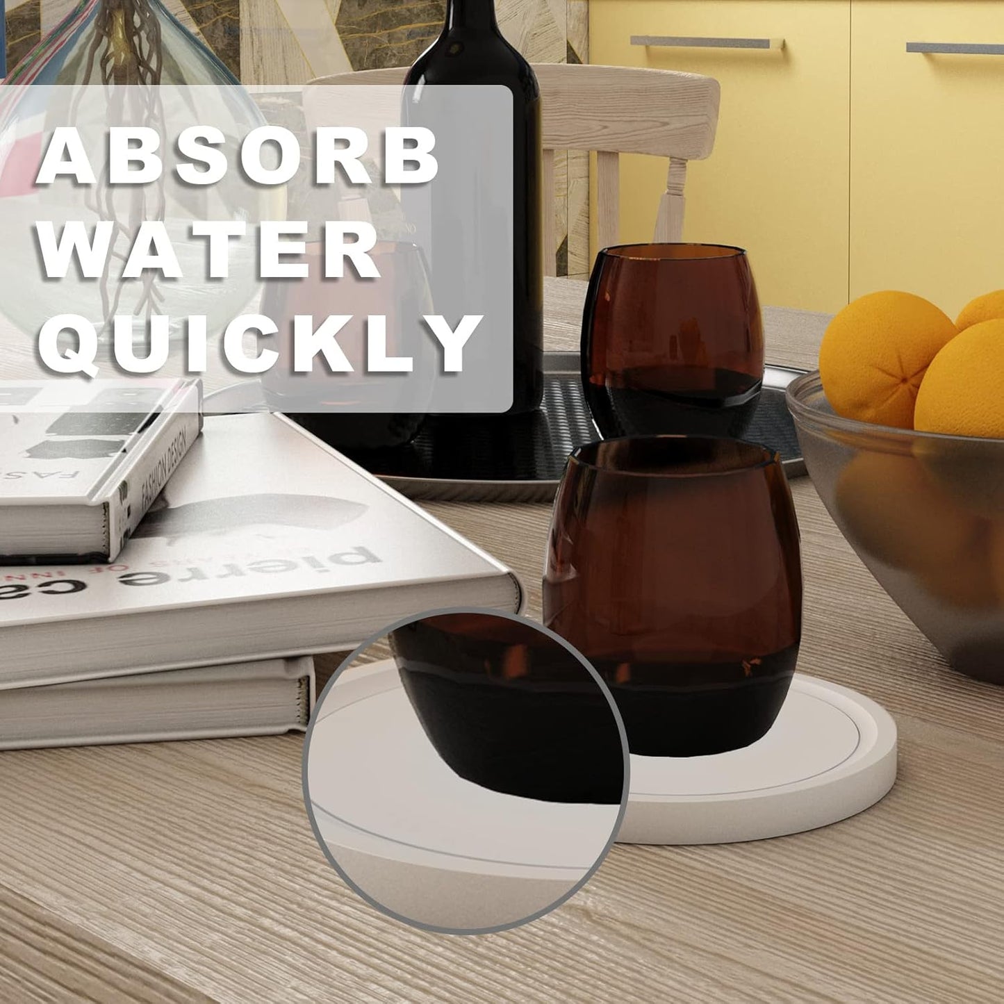 MinBoo Bamboo Coasters for Coffee Table Set of 6 Coasters for Drinks Absorbent with Holder Coffee Table Decor for Tabletop Protection Gifts for House Warming New Home & Wedding (White)