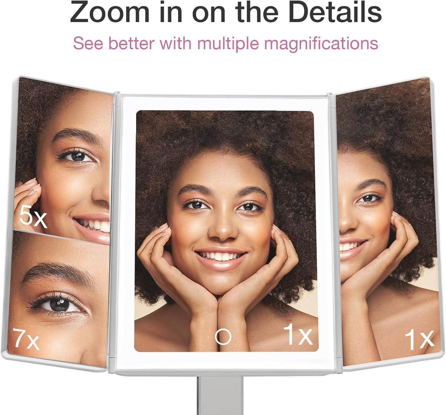 Fancii Makeup Mirror with Natural LED Lights, Lighted Trifold Vanity Mirror with 5X & 7X Magnifications - 40 Dimmable Lights, Touch Screen, Cosmetic Stand - Sora (White)