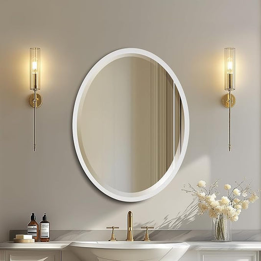 OVALCREST - Oval Wooden Beveled Wall Mirror for Home Decor, Bathroom, Vanity, Bedroom, Living Room, Hallway - London Style (Linen White) 31.1 x 41.1
