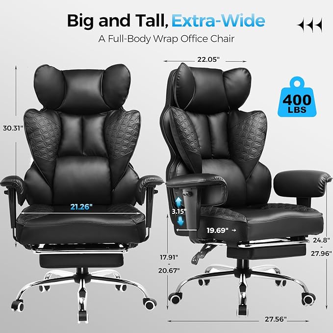 COMHOMA Big and Tall Office Chair 400LBS Wide Ergonomic Gaming Chair with Deluxe Embossing Leather with Foot Rest 150°Reclining Adjustable Armrests Pocket Spring Back Support and Without Pillow