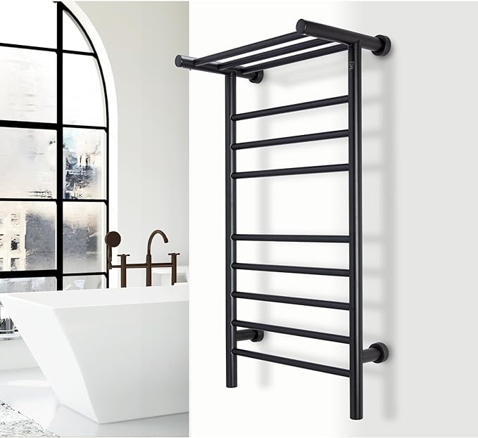 WarmlyYours Black Towel Warmers for Bathroom - Wall Mounted Black Heated Towel Rack with Shelf, 11 Bars Stainless Steel, 20x36 in. Electric Heating and Drying Rack, 120V Plug-in or Hardwired (Summit)