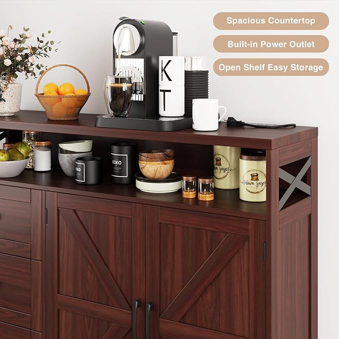 47" Dark Brown Farmhouse Storage Cabinet with Barn Doors and Drawers, Sideboard Buffet Cabinet with Storage, Kitchen Pantry Hutch, Coffee Bar Station Table for Kitchen, Living, Dining Room