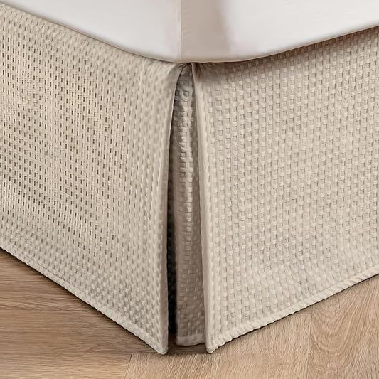 MIYE Pleated Waffle Weave Bed Skirt, Tailored Dust Ruffle 12 Inch Drop Easy Fit, Machine Washable,No Split Corners (Beige, Queen - 12" Drop)