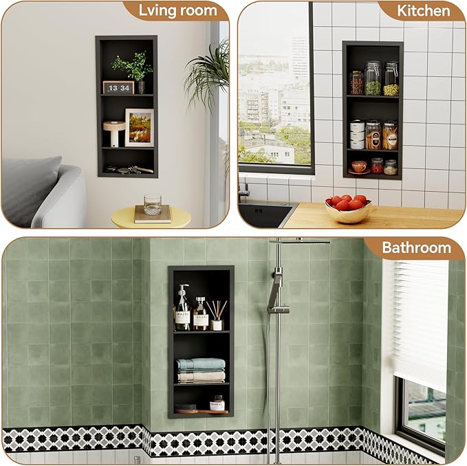 3-Tier Stainless Steel Shower Niche Insert, 29'' * 12'' No Tile Needed Bathroom Niche for Shower Wall, Recessed Wall Cabinet Shelves for Drywall, Living Room, in Wall Shower Shelves, Black