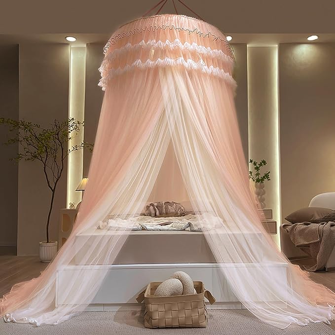 Kertnic Dreamy Bed Canopy for Girls, Princess Canopy Curtains Double Layer Sheer Mesh, Kids & Adults Canopies Netting Room Decor Tent Mosquito Net for Queen King Bed (Double Layer-Beige Pink)