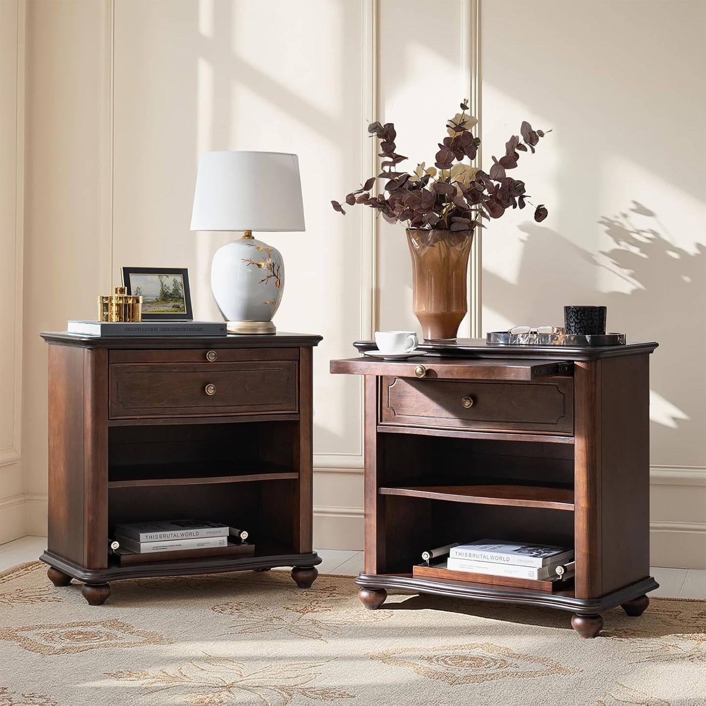 HULALA HOME Wooden Nightstand with Pull-Out Shelf, Mid Century Modern Nightstand with Solid Wood Drawers and Legs, Adjustable Storage Set of 2, Walnut