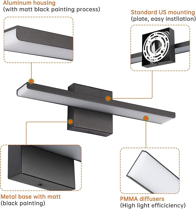 JUSHENG Bathroom Vanity Light Fixtures 16" Inch Long Modern Matte Black Aluminum Wall Sconces Lamps for Bathroom Mirror Lighting Fixture Bedroom Hallway Light 16W 3000K