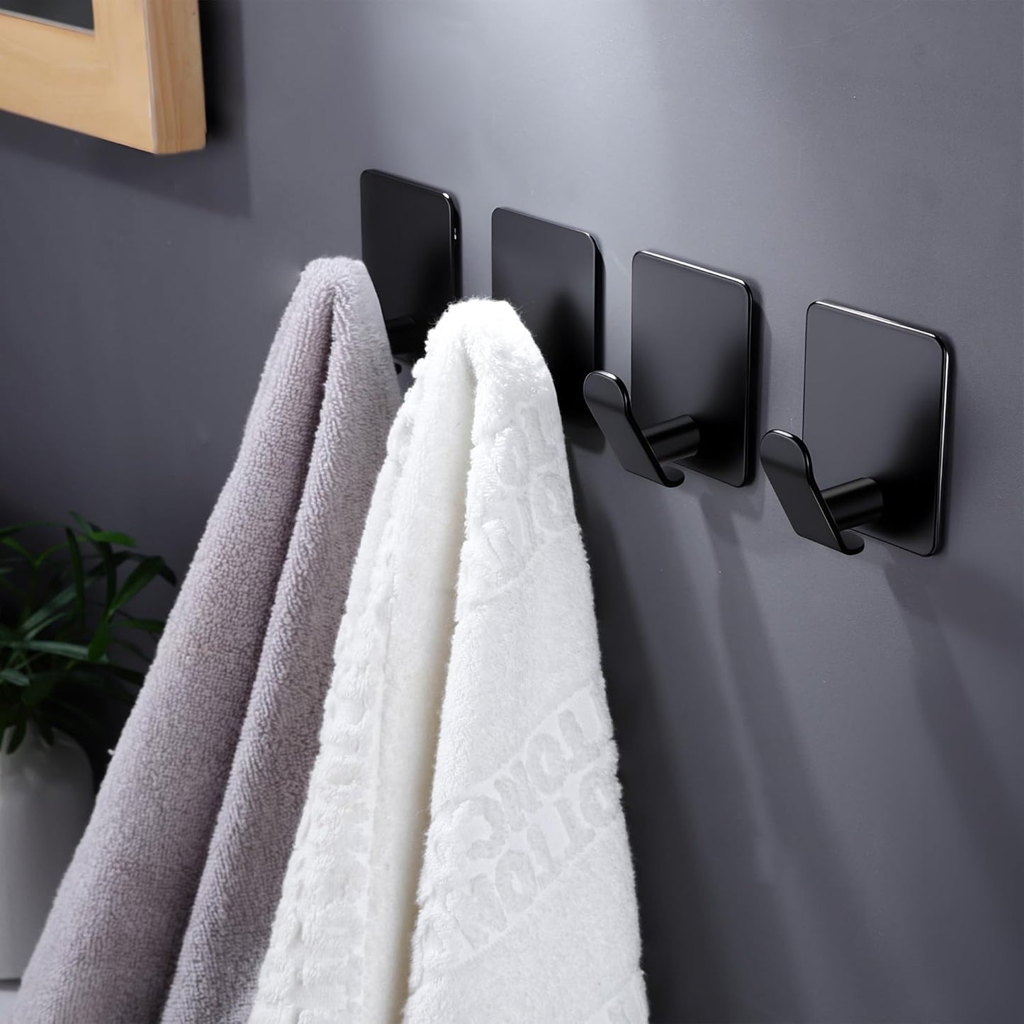 DELITON 4 Pack Adhesive Hooks - Towel Hook for Hanging Towels, Clothes and Bags, Matte Black Stainless Steel, Stick on Wall for Bathroom and Kitchen