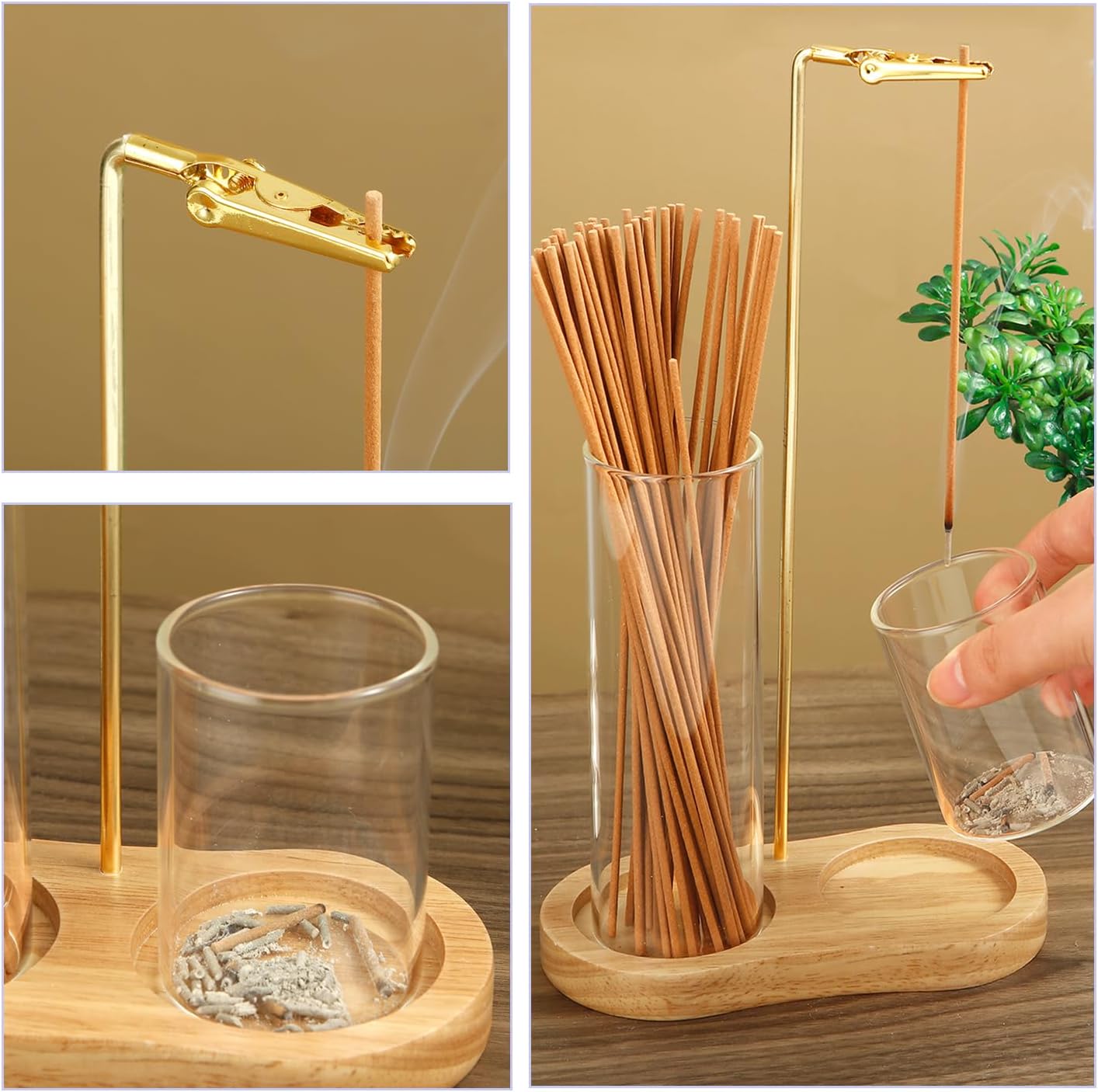 2 in 1 Incense Holder for Sticks, Anti-Ash Flying Incense Burne with Glass Ash Catcher and Incense Sticks Organizer for Meditation Yoga Spa Home Decor (Light Base)