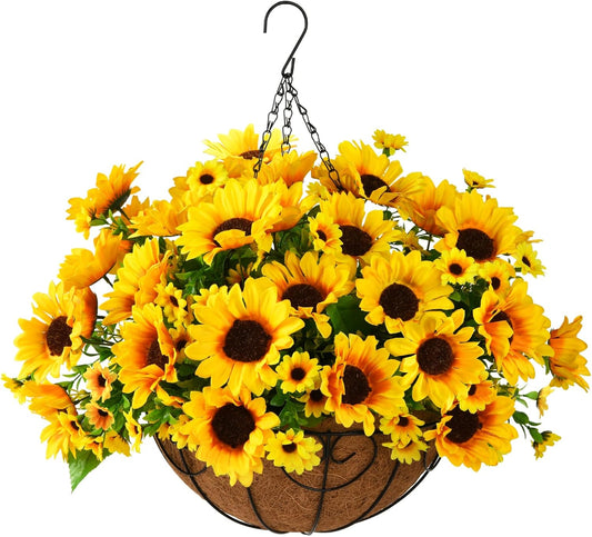 Homsunny Artificial Sunflowers Fake Hanging Flowers Plants Baskets for Outdoor Fall Decoration, Faux Silk Flowers Look Real UV Resistant for Porch Patio Garden Autumn Home Decor