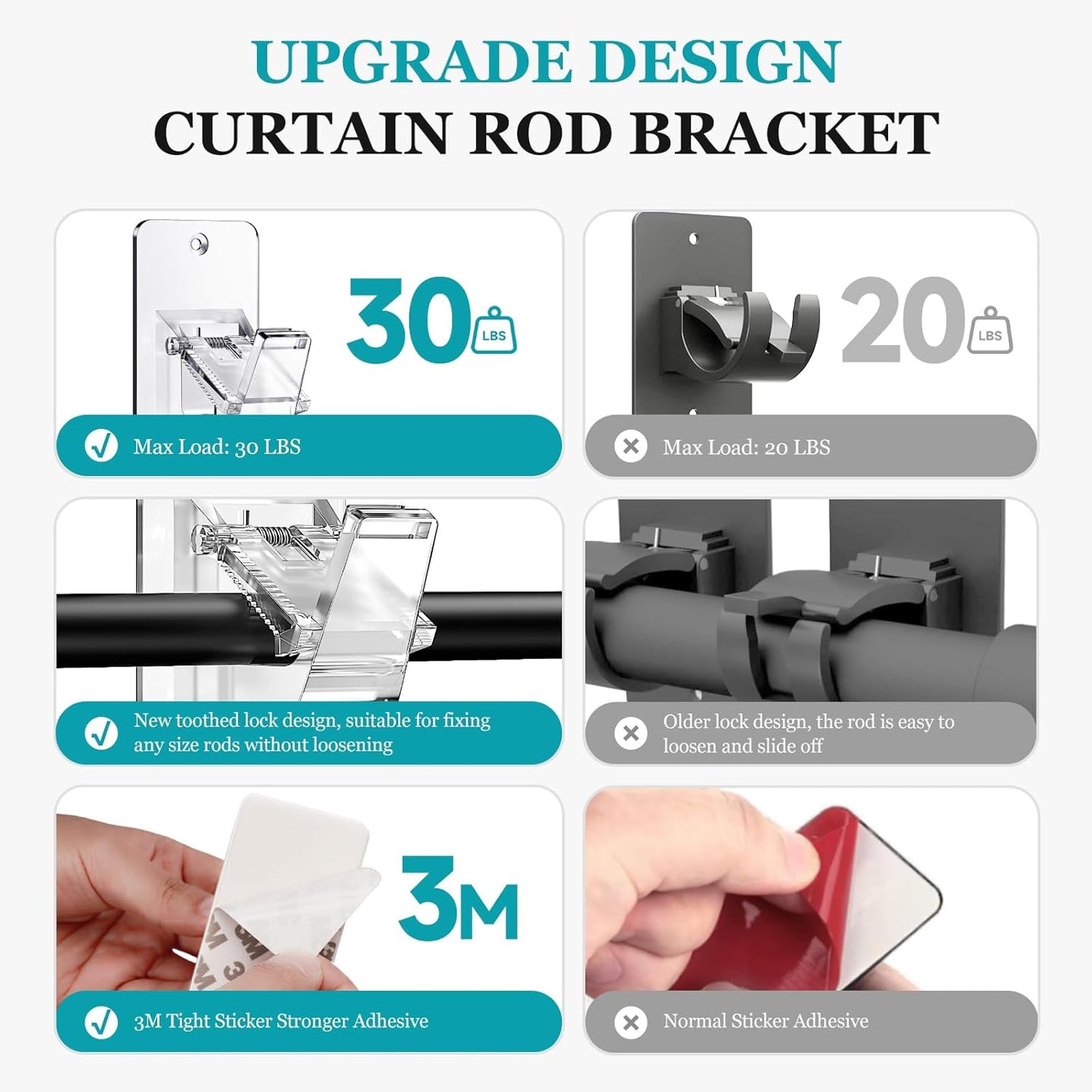 Adhesive No Drill Curtain Rod Brackets - Heavy Duty 30LB Holders for Bathroom Bedroom Kitchen, Universal Damage-Free Window Rod Hooks with Nail-Free Installation (8PC Transparent)