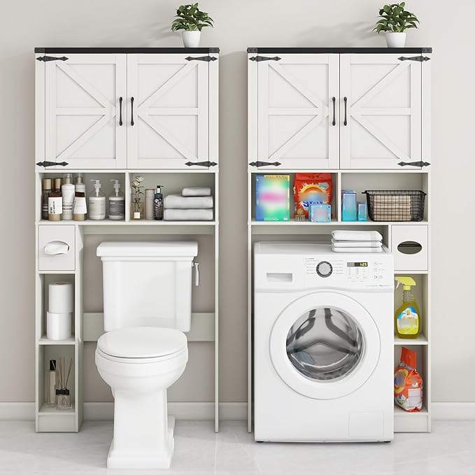Over The Toilet Storage Cabinet, Farmhouse Storage Cabinet Over Toilet with 2 Barn Doors && Toilet Paper Holder Stand，Home Space-Saving Toilet Rack, for Bathroom, Laundry, Restroom.