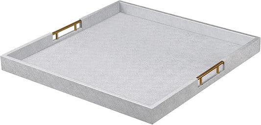 20x20 Inches Large Silver Faux Leather Wrapped Wood Ottoman Tray with Handles for All Occasions, Serving Food Breakfast On Bed, Home Decor Decorative, Living Room,Square Coffee Table Organizer
