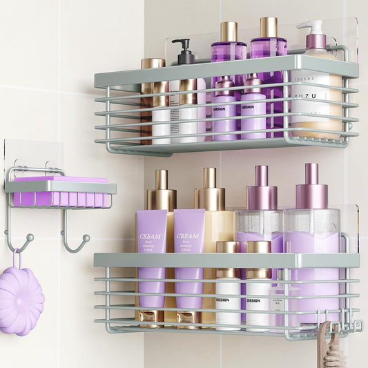 ODesign Shower Caddy 3 Pack SUS304 Stainless Steel-No Drilling-Shower Bathroom Shelves Rack,Rustproof Wall Mounted,Adhesive Shower Shelf Basket Organizer-Grey