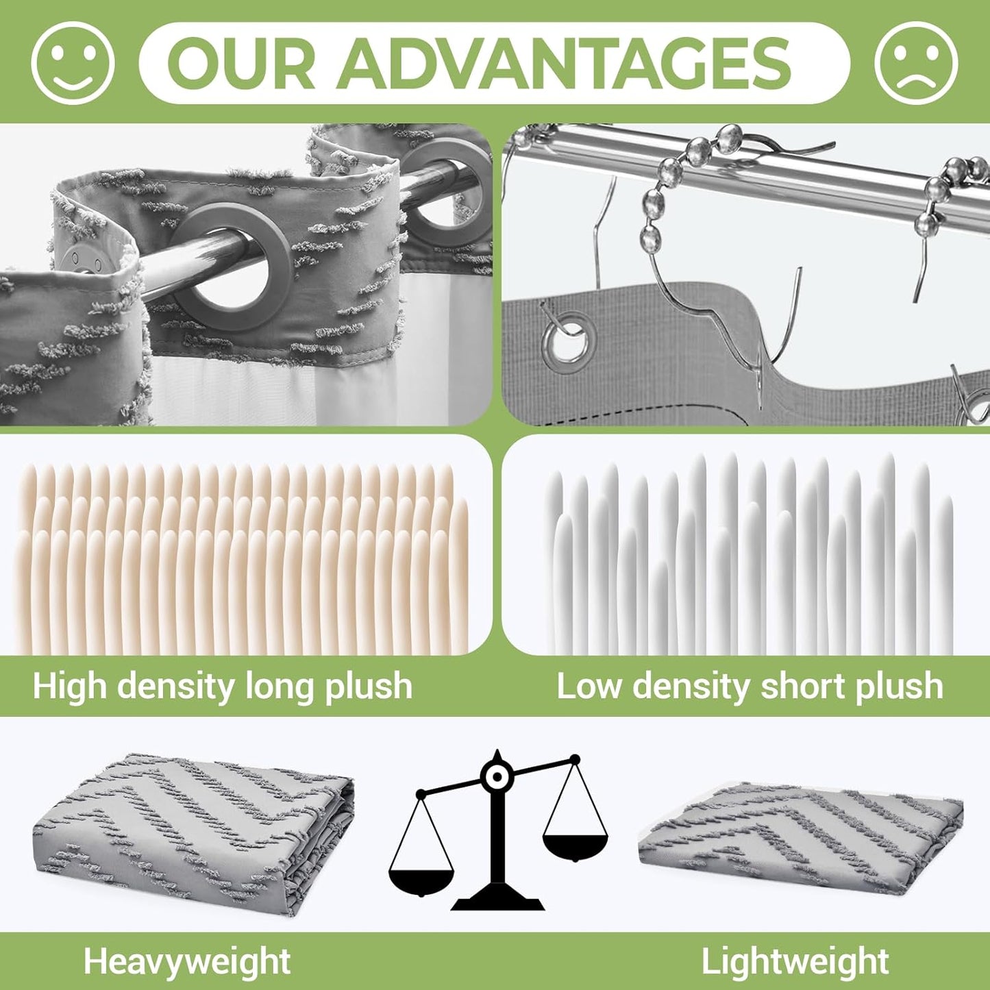 Extra Long No Hook Shower Curtain with Snap in Liner, Tufted Chevron Striped Shower Curtain Set for Bathroom, Boho Waterproof and Washable Shower Curtains,71Wx86H, Grey